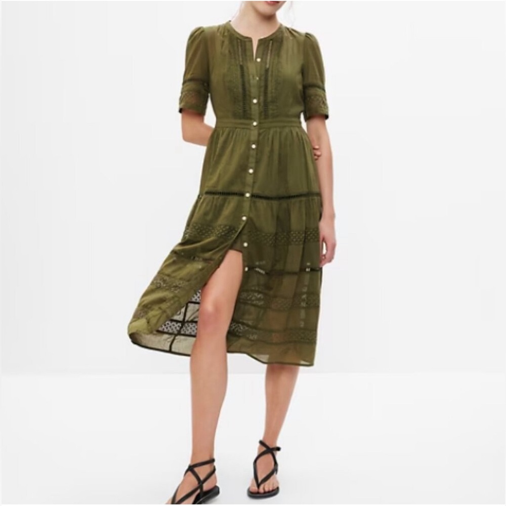 NWT Gap Button Front Lace Midi Dress in Army Green Size XS